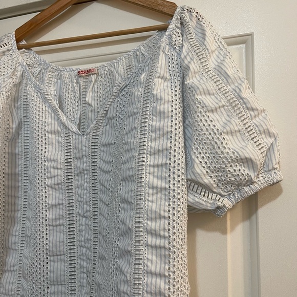 Organic John Patrick Pima Cotton Eyelet Blouse Blue Stripe - Picture 3 of 7